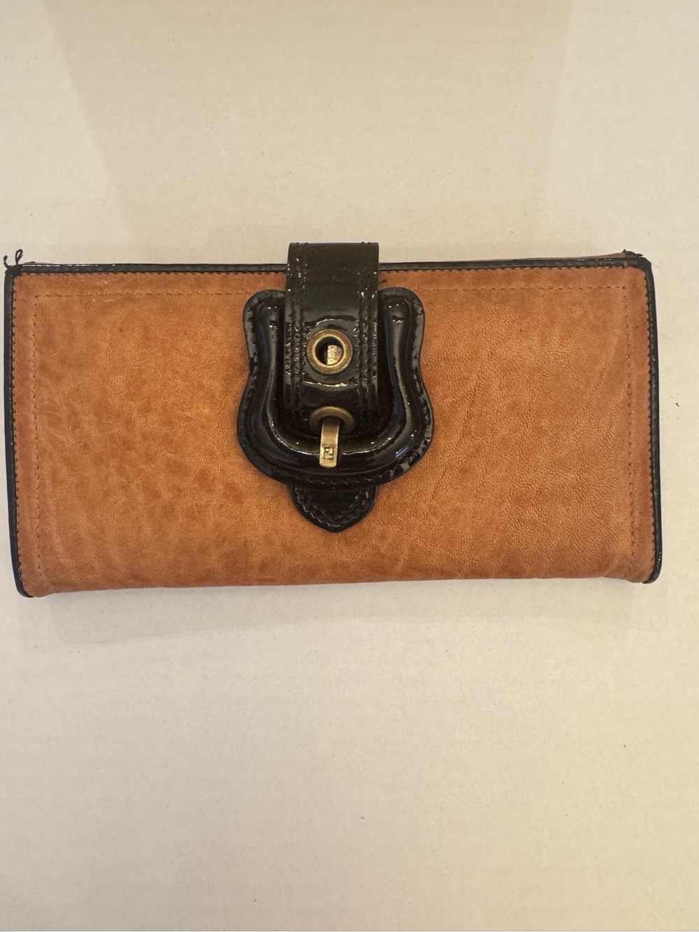 Vintage Fendi B Buckle Wallet Tan Leather Black Patent Y2K Italy Auth